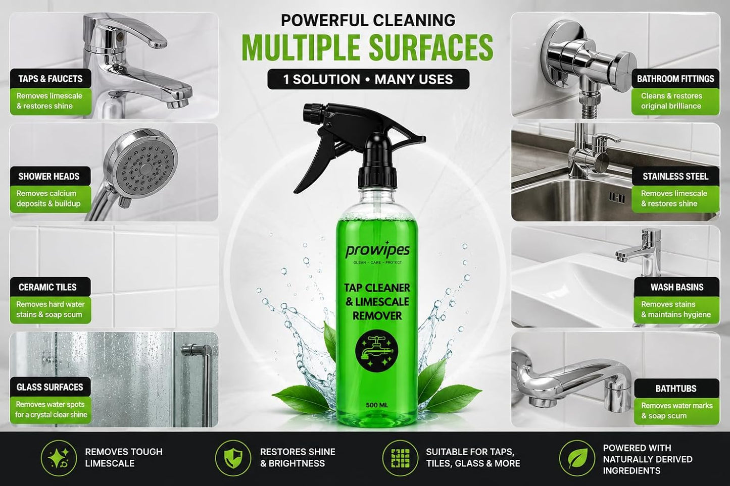 Prowipes Tap Cleaner & Limescale Remover | Removes Hard Water Stains, Limescale & Soap Scum | Restores Shine | 500ml