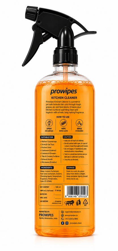 PROWIPES Kitchen Cleaner Spray|Powerful Grease & Stain Remover|Safe on Kitchen Surfaces|Fresh Fragrance|500ml|Pack of 2