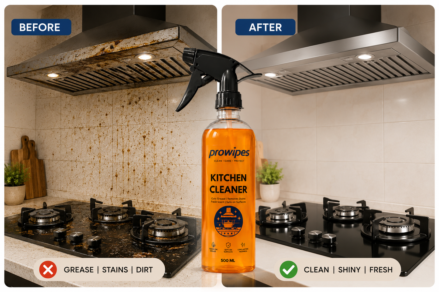 PROWIPES Kitchen Cleaner + Tap Cleaner & Limescale Remover Combo Pack (500ml + 500ml)